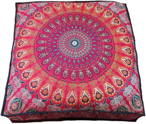 INDIAN CRAFT CASTLE 24" Red Peacock Mandala Barmeri Large Floor Pillow Cover