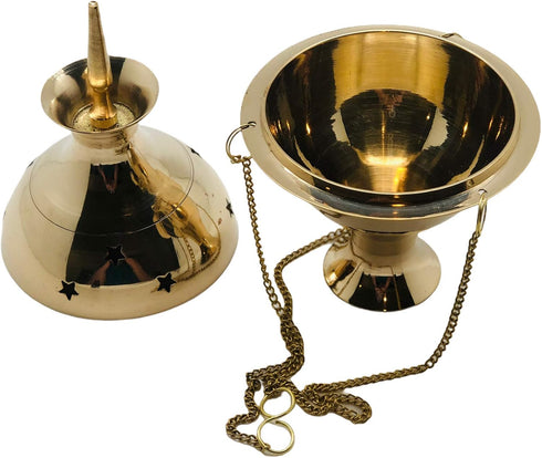 Charcoal Incense Burner Brass Hanging Censer with Chains, 7" High x 3.5" Diameter