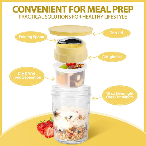 16oz 4 Pack Overnight Oats Jars, Yogurt Containers with Lids and Folding Spoons, Leak-Proof Wide Mouth Mason Jars