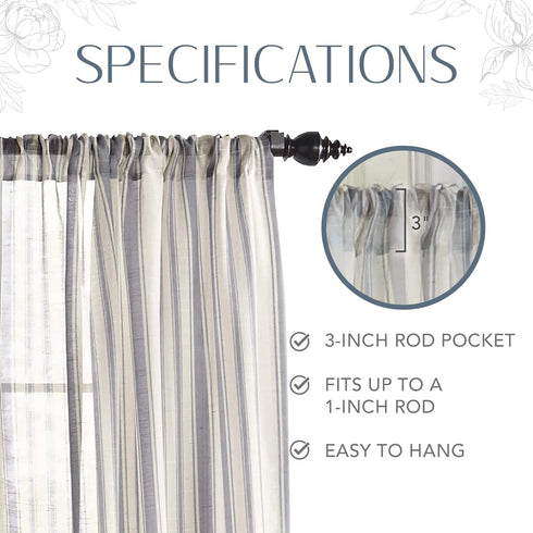 Elrene Home Fashions Hampton Stripe Sheer Window Curtain, 52" x 84" (1 Panel), Grey Color