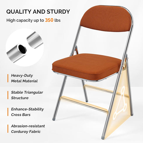 350 lbs Set 1, VINGLI Folding Chairs with Padded Seat & Backrest, Metal Frame, Durable Corduroy Fabric, Capacity