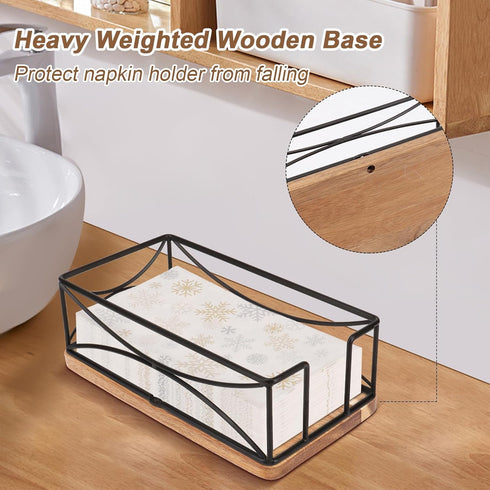 Guest Napkin Holder, Modern Metal Bathroom Paper Towel Caddy for Countertop & Kitchen (Black, Wooden Base)
