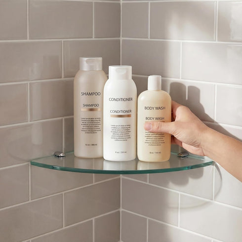 3 Pack Kingrol Glass Bathroom Shower Shelves, Extra Thick Wall Mounted Shelves, Clear Floating Corner Shelves