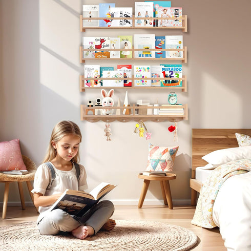 Dixryaus 34Inch 6 Number:US-D1058229-S(4, Nursery Book Shelves Wall Mounted, Floating Book Shelf for Kids Coat Rack