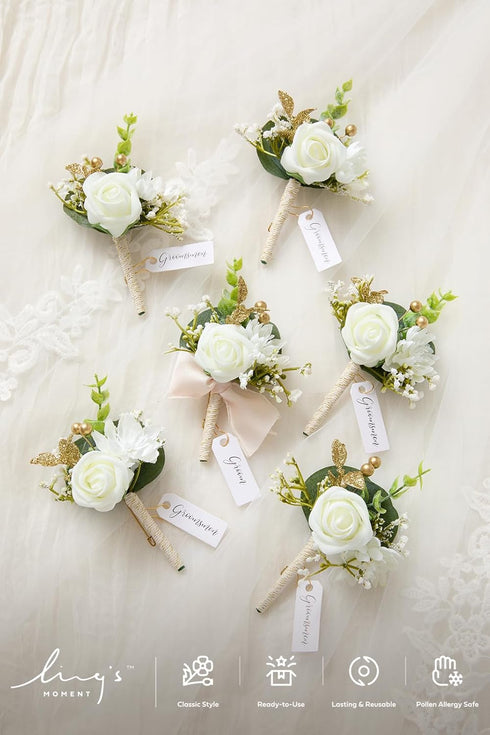 Ling's Moment 6pcs Boutonniere for Men, Artificial Flowers for Wedding Decor, White Baby Breath Ivory
