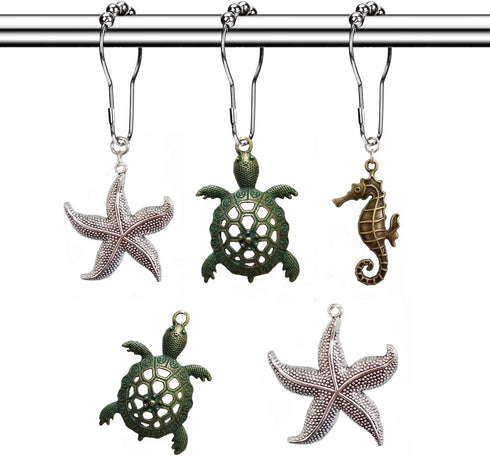 Molika 12PCS Rustproof Metal Shower Curtain Hooks Rings, Starfish Seahorse Turtle Decorative Bathroom Accessories