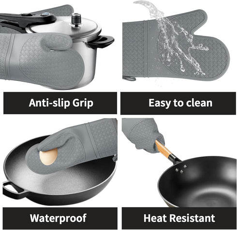 Hovico Silicone Oven Mitts, 2PCS Grey Oven Gloves with Non-Slip Waterproof, Heat Resistant 600 Degree