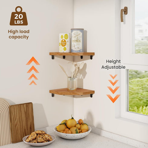 7in 1 Pack) Fun Memories Corner Shelf Wall Mount, Solid Oak Wood Floating Corner Shelves with Cable Hole, Rustic Design