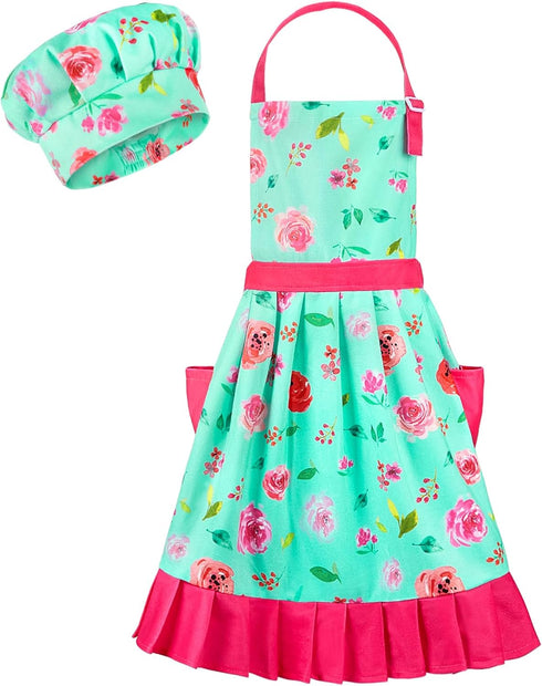 MHJY Kids Apron Hat Set for Girls, Vintage Pleated Skirt Adjustable Kitchen Apron with Pockets for Baking