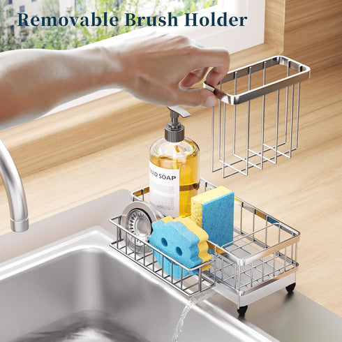 Countertop Consumest Sponge Holder for Kitchen Sink - Auto Draining Sink Caddy Organizer with Detachable Rack, High