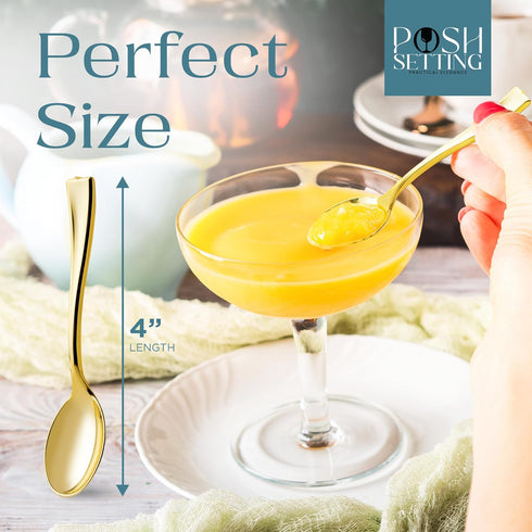 Posh Setting Plastic Mini Gold Spoons, 4 inch Disposable Dessert Spoon, Tiny Appetizer Spoon Golden (80 Pack)