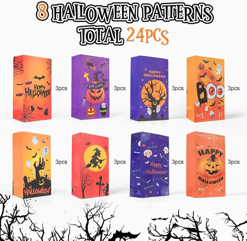 Halloween Treat Bags: 24pcs Halloween Paper Treat Bags with Stickers, Halloween Candy Bags, Halloween Trick or Treat Bags, Wide Opening for Easy Filling, Perfect for Party Favors and Halloween Gifts