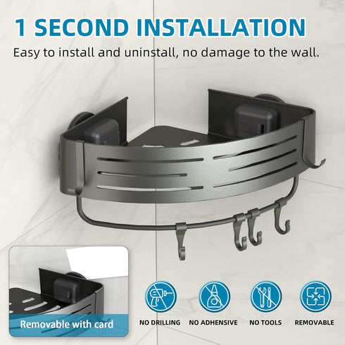 Onemake Corner Shower Caddy Suction Cup, Aluminum Wall Mounted Organizer Shelves Storage Rack with Towel Bar for Small