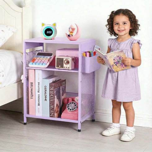 ECOLOVI Kids Nightstand 19in High for Floor Beds, 3-Tier Metal Small Bedside