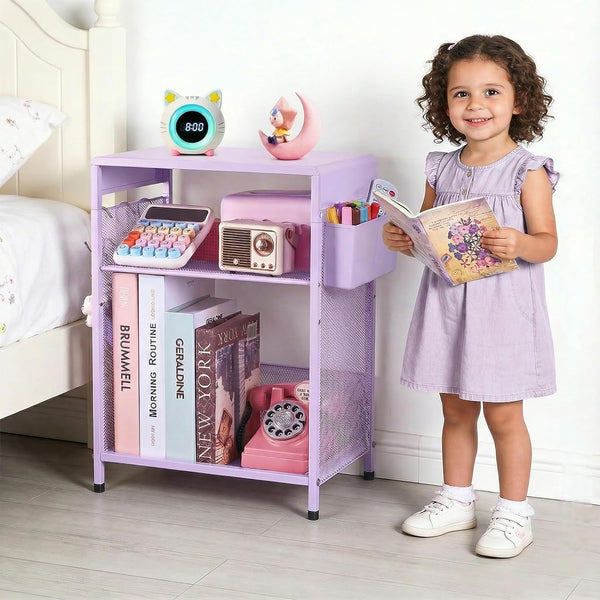 ECOLOVI Kids Nightstand 19in High for Floor Beds, 3-Tier Metal Small Bedside