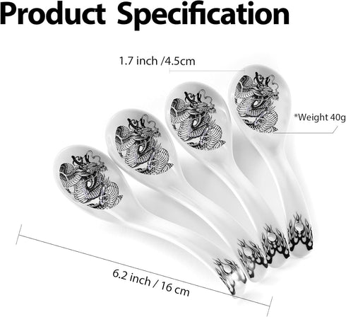 Set of 4 Dragon Ceramic Soup Spoons, 6.2 Inch Asian Spoons for Chinese, Korean, Japanese Ramen and Pho