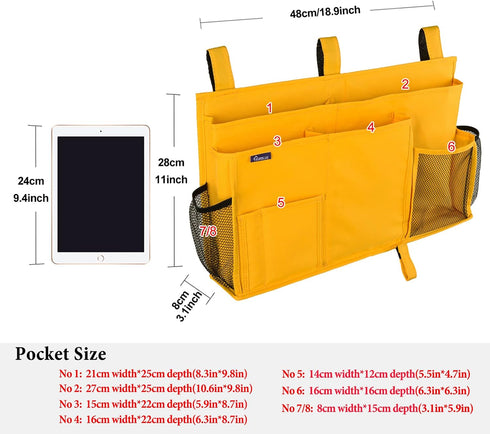 Surblue Bedside Caddy Hanging Organizer Storage Bag for Bunk and Hospital Beds, 8 Pockets, Large, Yellow