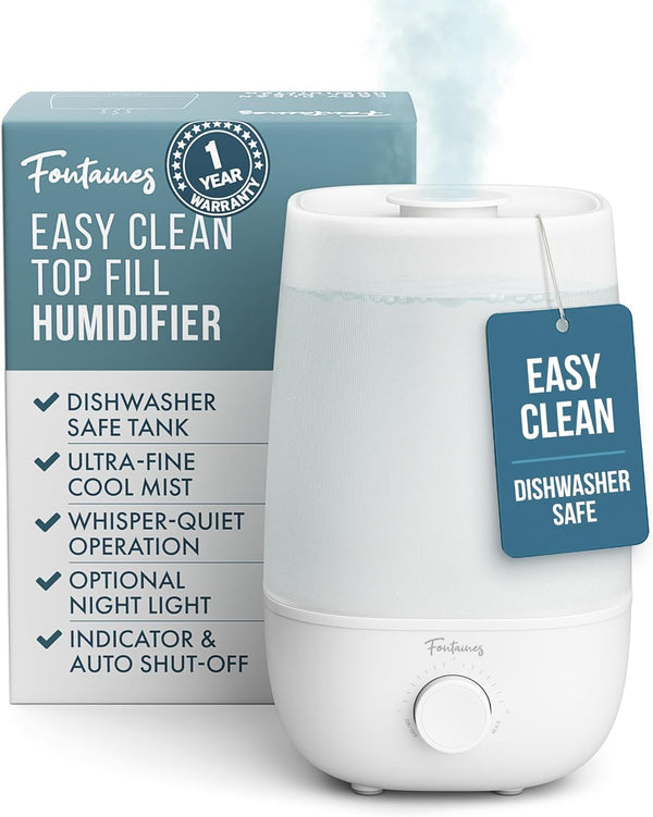 Fontaines Luxury Top-Fill Cool Mist Humidifier - 360 Ultra-Fine Spray, Whisper-Quiet Operation,