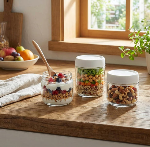 Povinmos 3Pack Lids,10oz Overnight Oats Containers with Glass Jar with Scew Lid,Salad Dressing Fruit Veggies Sauce