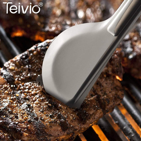 Teivio Stainless Steel Serving Utensils Set - Large 9-10" Spoons, 10" Slotted Spoons, 9" Tongs (Silver)