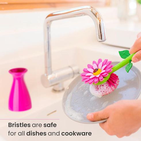 Vigar Flower Power Dish Brush with Handle and Vase Dish Brush Holder, Kitchen Scrub Brush for Pot Scrubber, Dishes