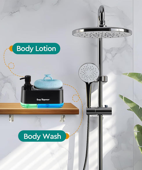 Kitchen Dish Soap Dispenser Set, 3-in-1 Countertop Sponge Dual Soap Pump Dispenser with Holder for Kitchen Sink - Black