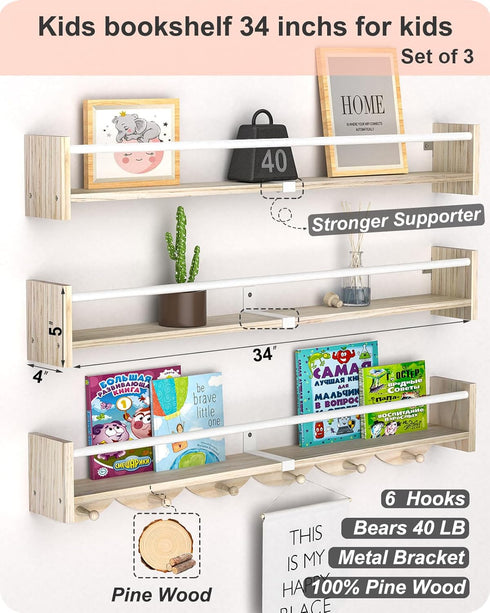 34 inchs, Set 3, Nursery Book Shelves Floating Book Shelves for Wall Nursery, Wall Mount Nursery Shelves of Perfect