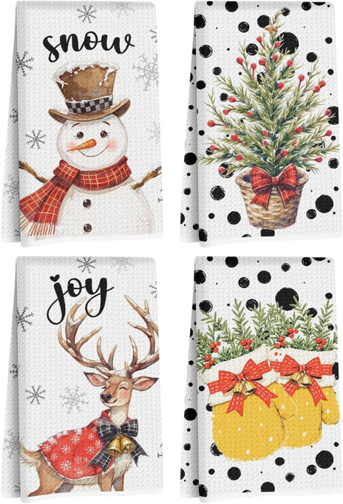 Hanamiya Na 4 Pcs Christmas Kitchen Towels, Merry Christmas Tree Reindeer Tea Hand Towel,