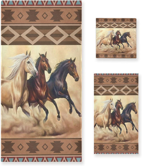 PATINISA Boho Bath Towels Set of 3,Azetc Ethnic Style Western Horse,Decoractive Bathroom Towels
