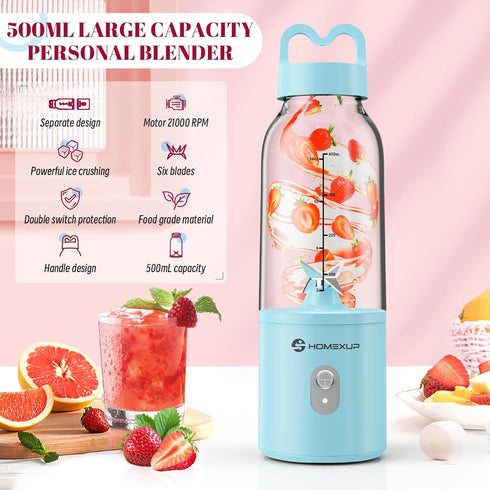 Portable Personal Blender 17OZ/500ML Juicer, 175W Personal Size Blender, Ideal for Smoothies, Ice Blending, Juicing, and Food Processing, Compact, Convenient, and Versatile (Blue) by HOMEXUP