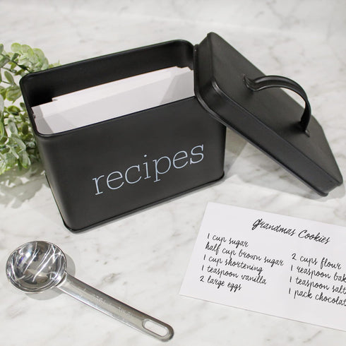 AuldHome Farmhouse Enamelware Recipe Box (Black); Vintage Style Metal Recipe Holder and Organizer for 4 x 6 Inch Recipe Cards by AuldHome Design