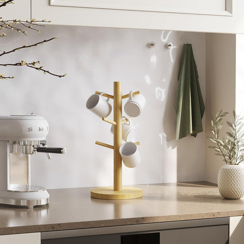C&AHOME Coffee Mug Tree - 6 Hooks Wooden Holder Rack Stand for Countertop Standard Use
