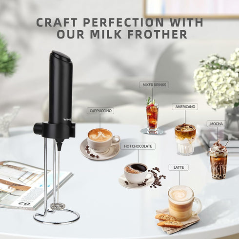 Rechargeable Handheld Electric Milk Frother with USB C Charging Stand, Powerful Whisk for Coffee, Hot Chocolate, Frappe