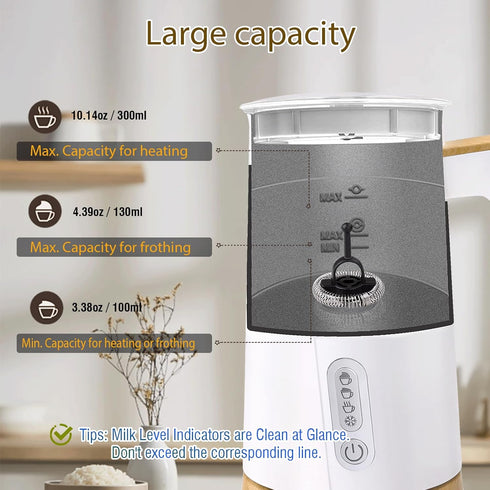 4-in-1 Electric Milk Frother and Steamer, Milk Steamer with Wood Elements Design, Automatic Hot & Cold Foam Maker