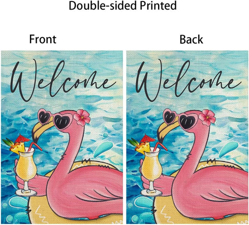 Welcome Summer House Flag, Flamingo Pool Decoration, Seasonal Outdoor Farmhouse Yard Double Sided 28x40 Inch