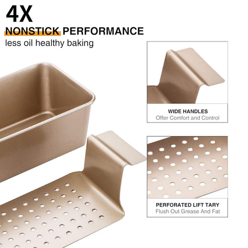 HONGBAKE Meatloaf Pan with Drain Tray, 9 x 5 Loaf Pans with Insert, Nonstick for Baking, Champagne Gold