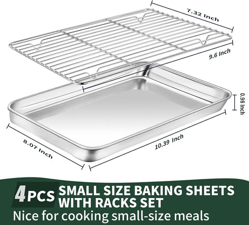 Baking Sheet with Cooling Rack Set(2 Baking Pans+2 Baking Racks), CEKEE Stainless Steel Non Stick Small Cookie Sheet Set, Size 10.39 x 8.07 x 1 Inch, Easy to Clean Small Baking Sheet with Rack Set by CEKEE