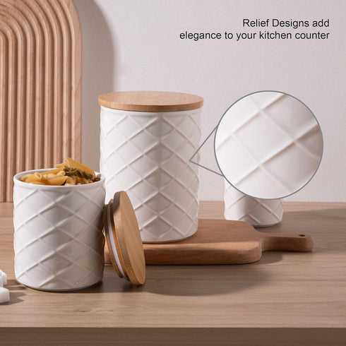 Sets Countertop, Pack 4 Sweejar Ceramic Canisters for Kitchen Relief Food Storage Jar with Bamboo Lid, Stackable