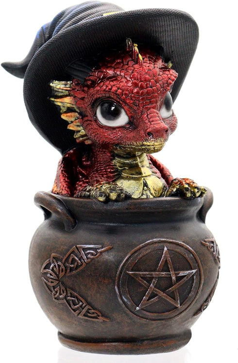 Aura Mojo Mini Dragon Figurine in Cauldron Fantasy Dragon Statue with Witch Hat Cute