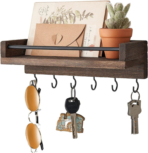 Mkono Small Rustic Wood Key Holder for Wall, 9.5" x 3.5" x 2.5", Decorative Display Keys Hanger Organizer with 6 Hooks