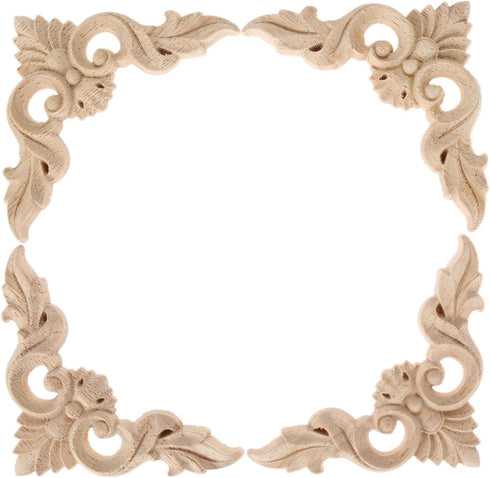 MUXSAM 4Pcs Unpainted Wood Carved Appliques Onlays - Little Wooden Corners Flower Carvings for Mirrors, Cabinets,