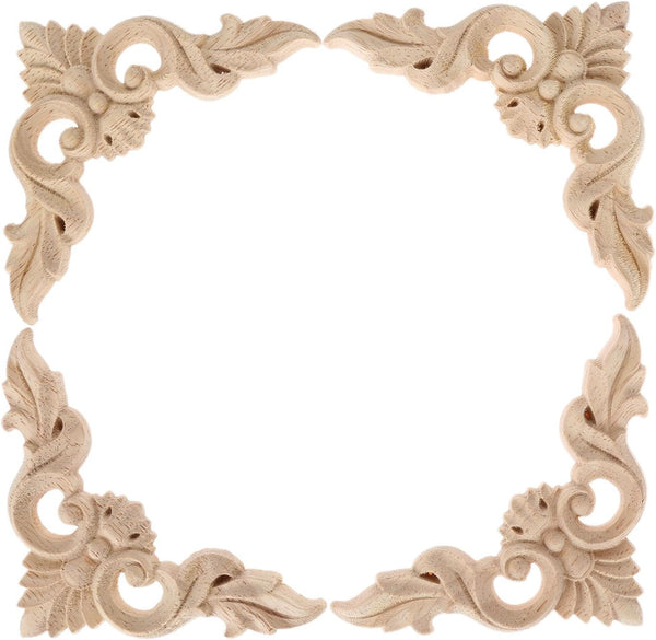 MUXSAM 4Pcs Unpainted Wood Carved Appliques Onlays - Little Wooden Corners Flower Carvings for Mirrors, Cabinets,