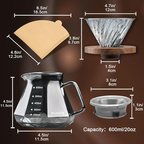 Mongdio 20 oz Pour Over Coffee Maker, High-Heat Borosilicate Glass, 100pcs V60 Filters, Walnut Handle, Gray
