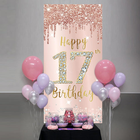 Happy 17th Birthday Door Banner Decorations - Pink Rose Gold 17 Birthday Cover Backdrop Party Supplies