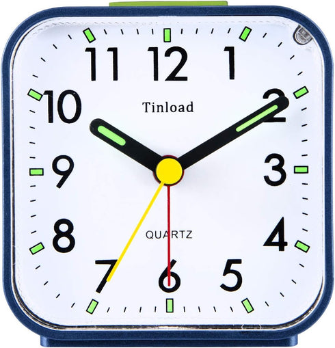 Small Battery Operated Analog Alarm Clock, Silent Non Ticking, Ascending Beep Sounds, Snooze, Light Functions (Blue)