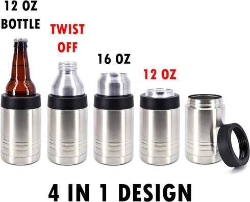 4-in-1 Stainless Steel 12 oz Double Wall Vacuum Insulated Can or Bottle Cooler, Fits 16 oz Cans, Clear Water Home Goods