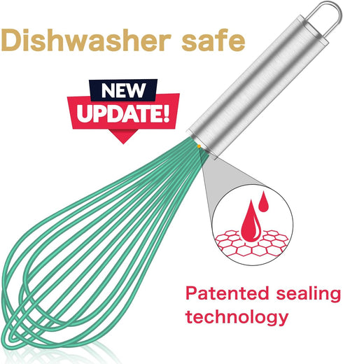 Teal Silicone Whisk Set of 3, Professional Non Scratch Cooking Whisks, Stainless Steel & Silicone Tool for Nonstick