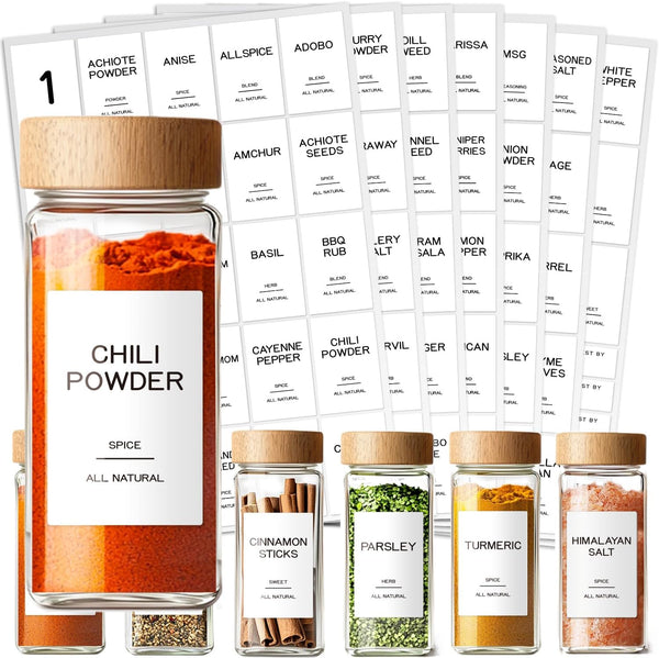Kuocodall 201 Spice Jar Labels - Preprinted Minimalist Waterproof Stickers for Kitchen Jars,