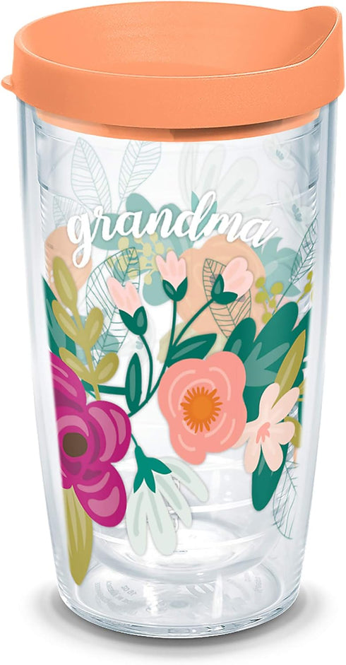 Tervis Grandma Floral Double Walled Insulated Tumbler Travel Cup – Keeps Drinks Cold & Hot, 16oz, Made in USA, Clear