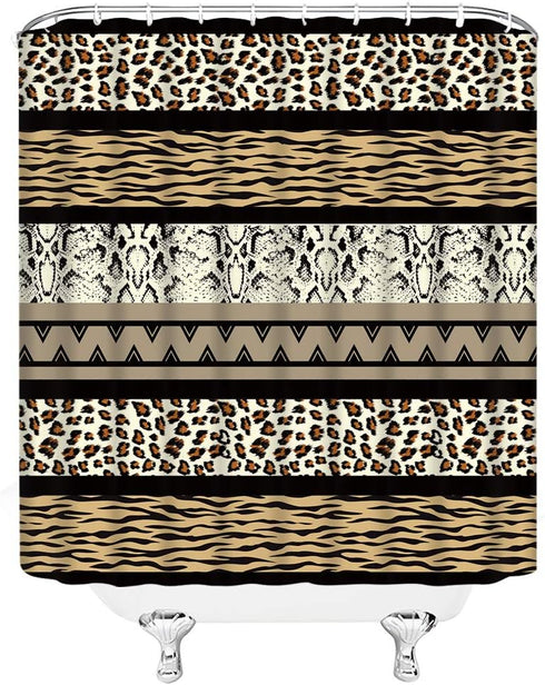 Brown Leopard Print Shower Curtain, 70x70 Inch, Geometric Stripes Patchwork Creative Art Bathroom Decor with Hooks